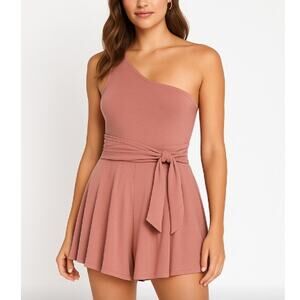 Lulu's One-Shoulder Wrap Waist Romper Mauve Pink Size M